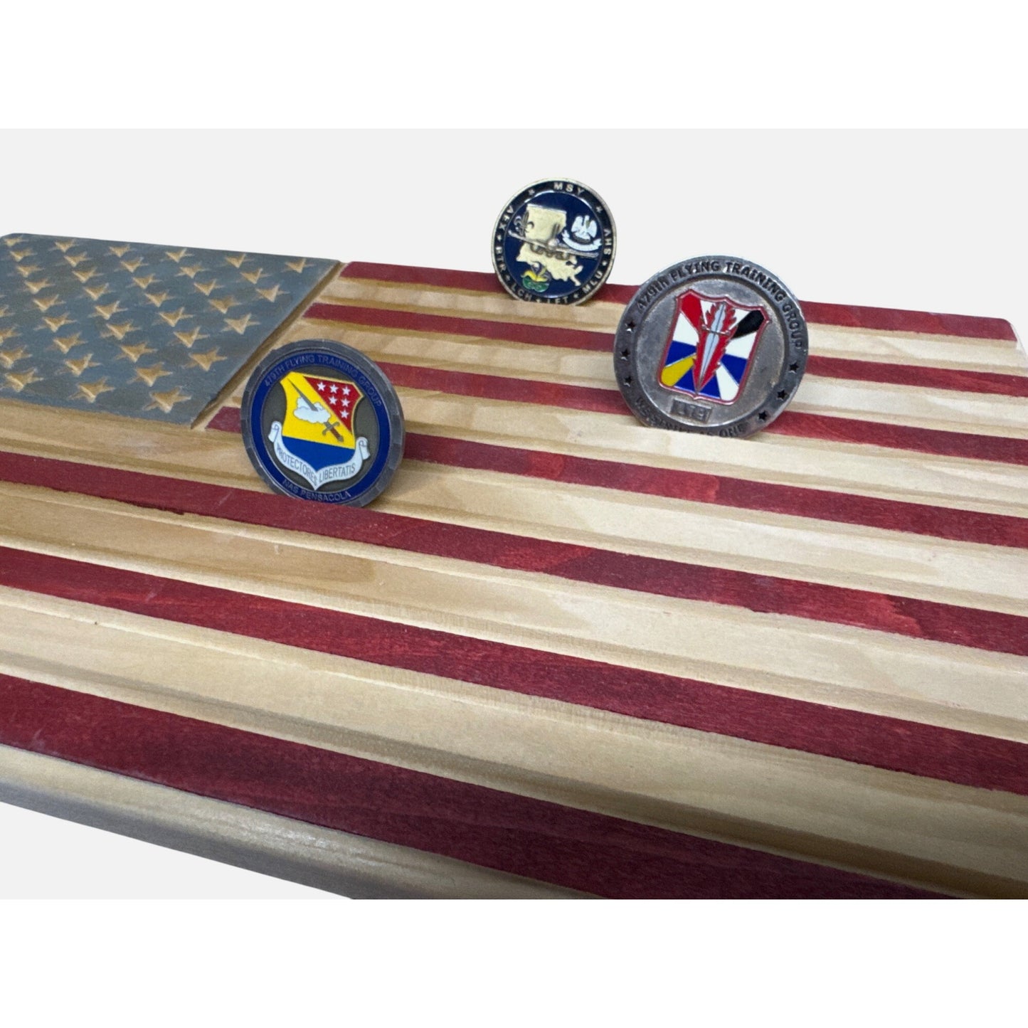 Wooden American Flag Desktop Display Stand For Challenge Coins Military First Responder