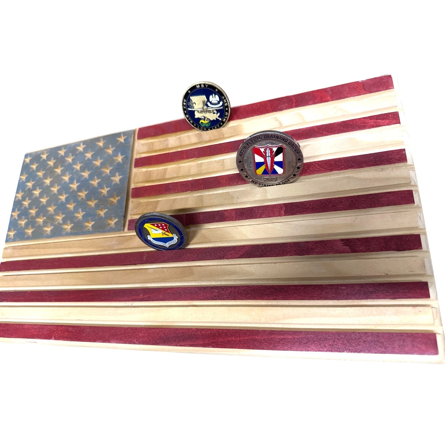 Wooden American Flag Desktop Display Stand For Challenge Coins Military First Responder