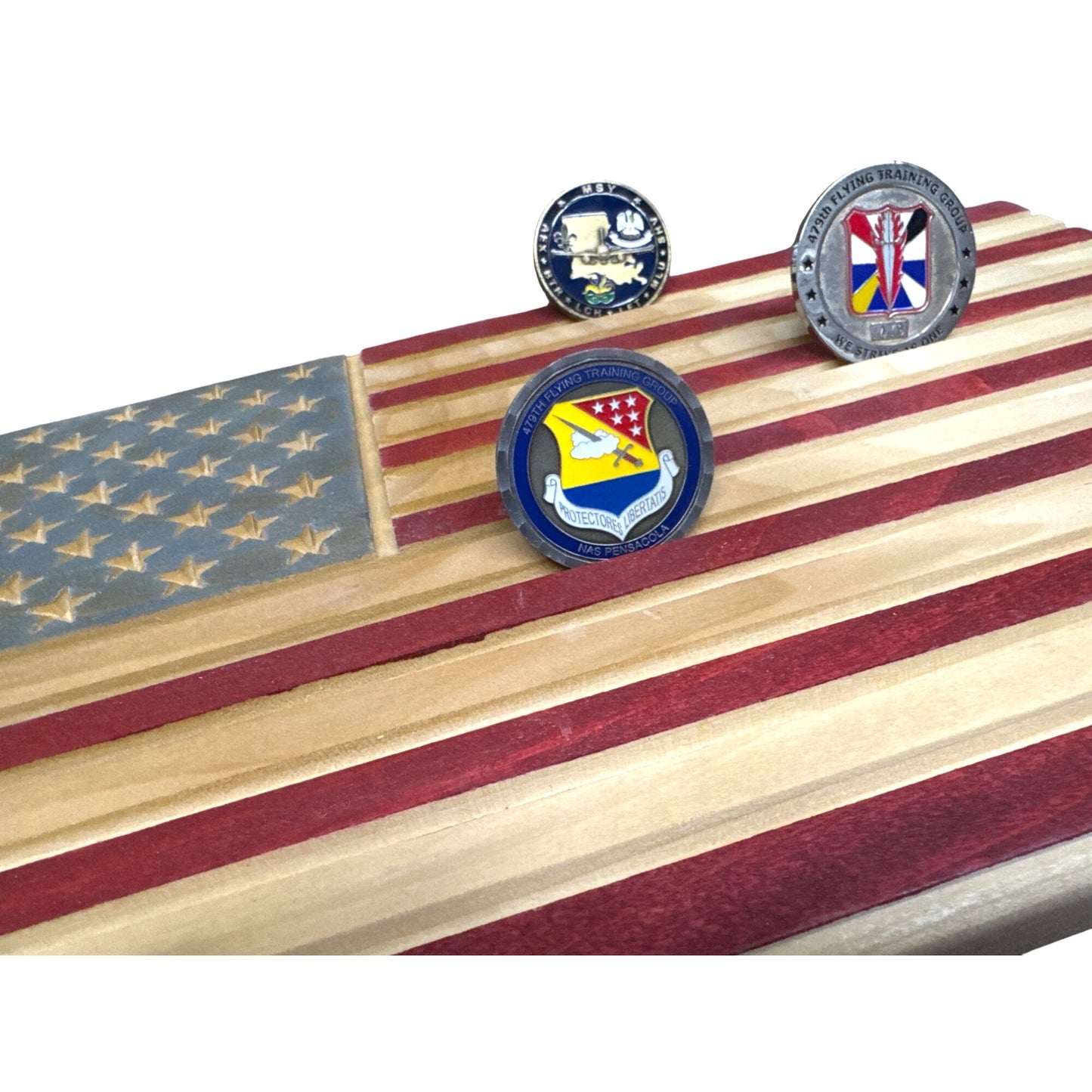 Wooden American Flag Desktop Display Stand For Challenge Coins Military First Responder