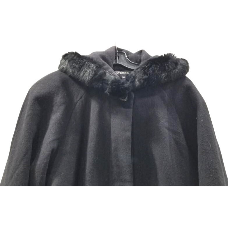 DONNYBROOK Black Wool Blend Fur-Trim Hooded Cape Coat Size 8