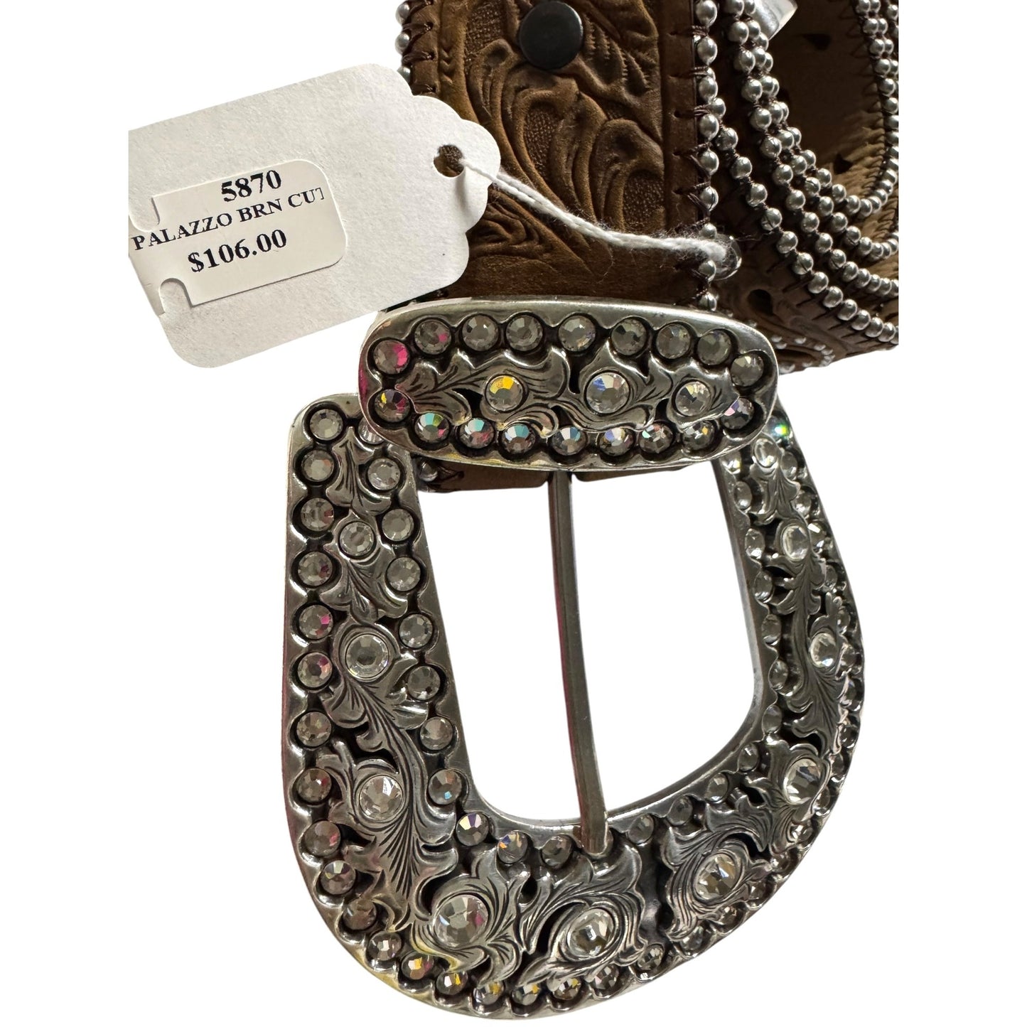 Justin Western Style Leather Belt With Silver Rhinestone Buckle & Floral Cutouts Size 36 NWT