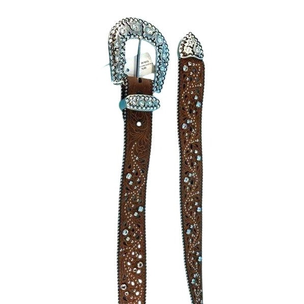 Justin Western Style Leather Belt With Silver Rhinestone Buckle & Floral Cutouts Size 36 NWT