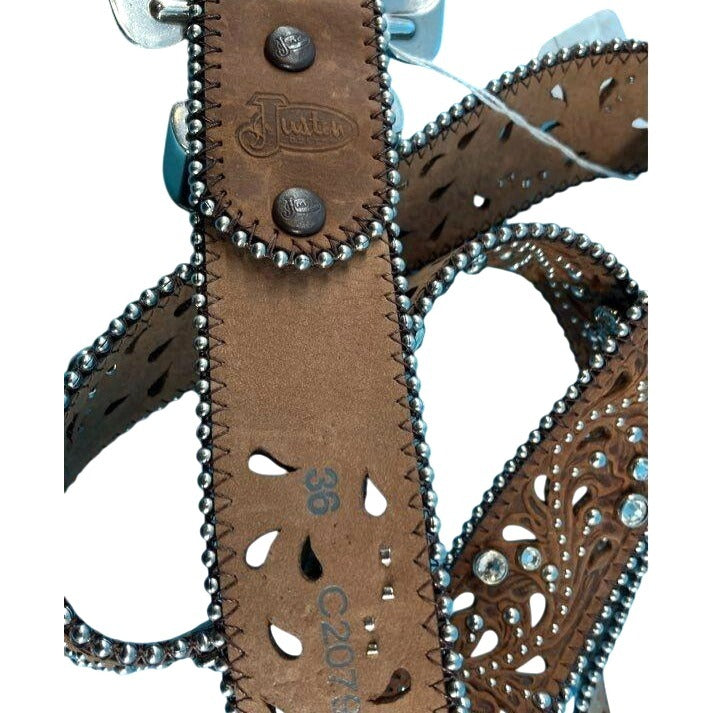 Justin Western Style Leather Belt With Silver Rhinestone Buckle & Floral Cutouts Size 36 NWT