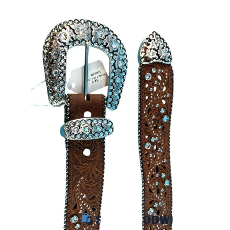 Justin Western Style Leather Belt With Silver Rhinestone Buckle & Floral Cutouts Size 36 NWT