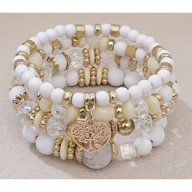 Luxurious Gold & White Beaded Bracelet Set With Heart Charm