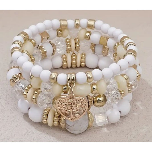 Luxurious Gold & White Beaded Bracelet Set With Heart Charm