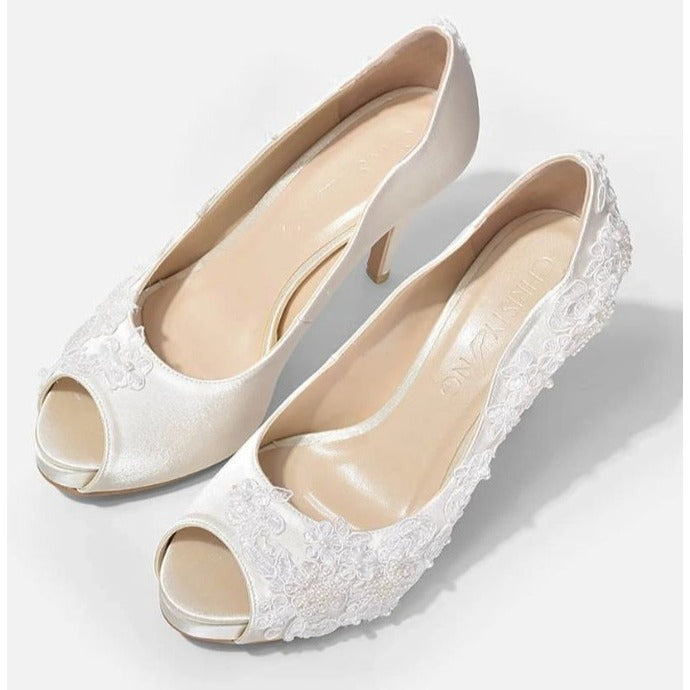 Christy NG Rosie V2 Lace Ivory Wedding Satin Bridal Lace Peep Toe 10 Heels