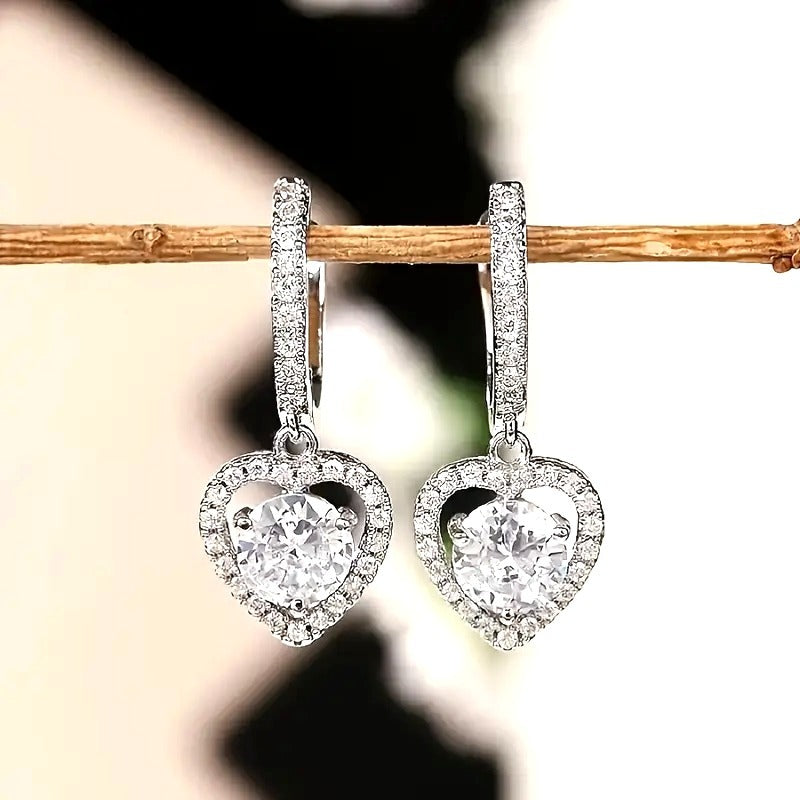 Heart-Shaped Silver Tone Drop Earrings