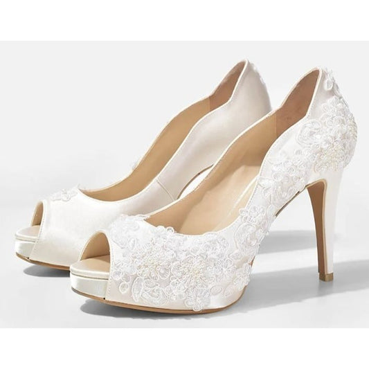 Christy NG Rosie V2 Lace Ivory Wedding Satin Bridal Lace Peep Toe 10 Heels