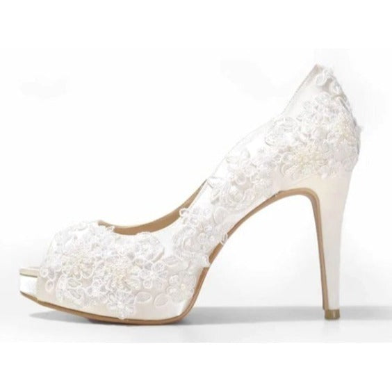 Christy NG Rosie V2 Lace Ivory Wedding Satin Bridal Lace Peep Toe 10 Heels