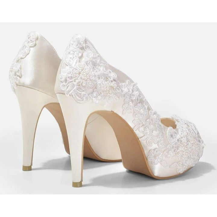 Christy NG Rosie V2 Lace Ivory Wedding Satin Bridal Lace Peep Toe 10 Heels