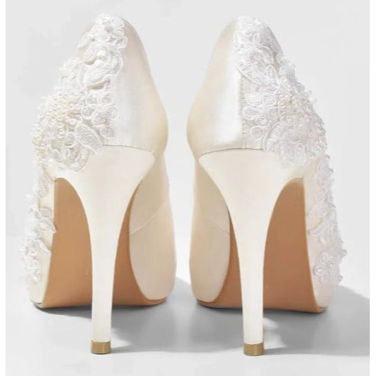 Christy NG Rosie V2 Lace Ivory Wedding Satin Bridal Lace Peep Toe 10 Heels