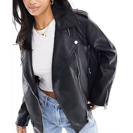 River Island London Womens Black Faux Leather Biker Jacket Curves Edit Size 24