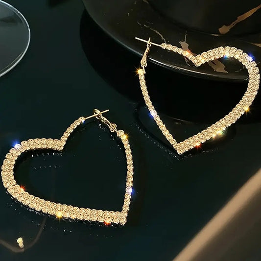 Gold Tone Heart-Shaped Hoop Earrings With Sparkling Rhinestones