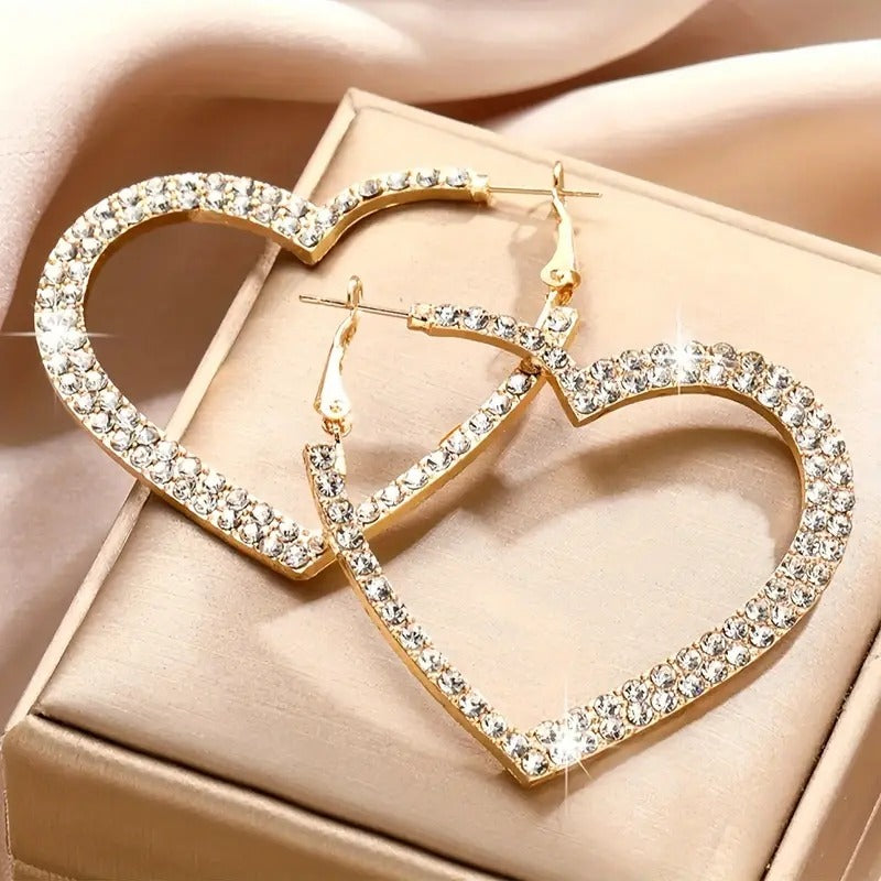 Gold Tone Heart-Shaped Hoop Earrings With Sparkling Rhinestones