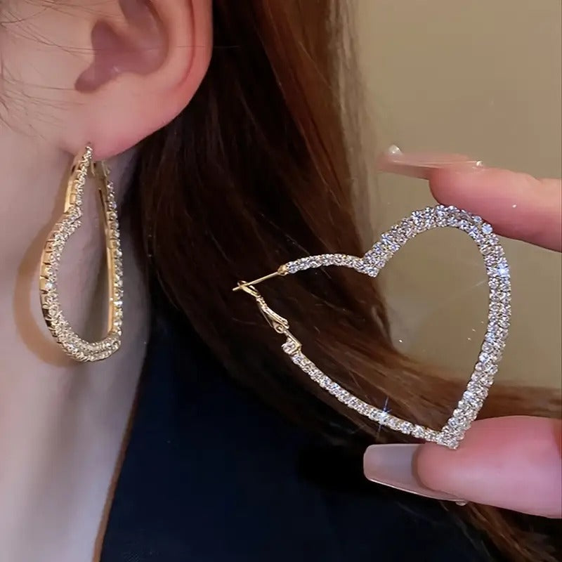 Gold Tone Heart-Shaped Hoop Earrings With Sparkling Rhinestones