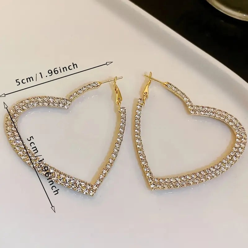 Gold Tone Heart-Shaped Hoop Earrings With Sparkling Rhinestones