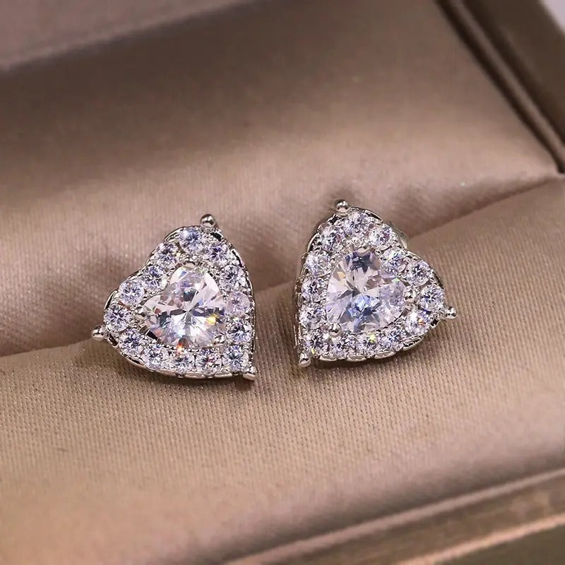 Heart-Shaped Silver Toned Earrings With Sparkling Cubic Zirconia Stones