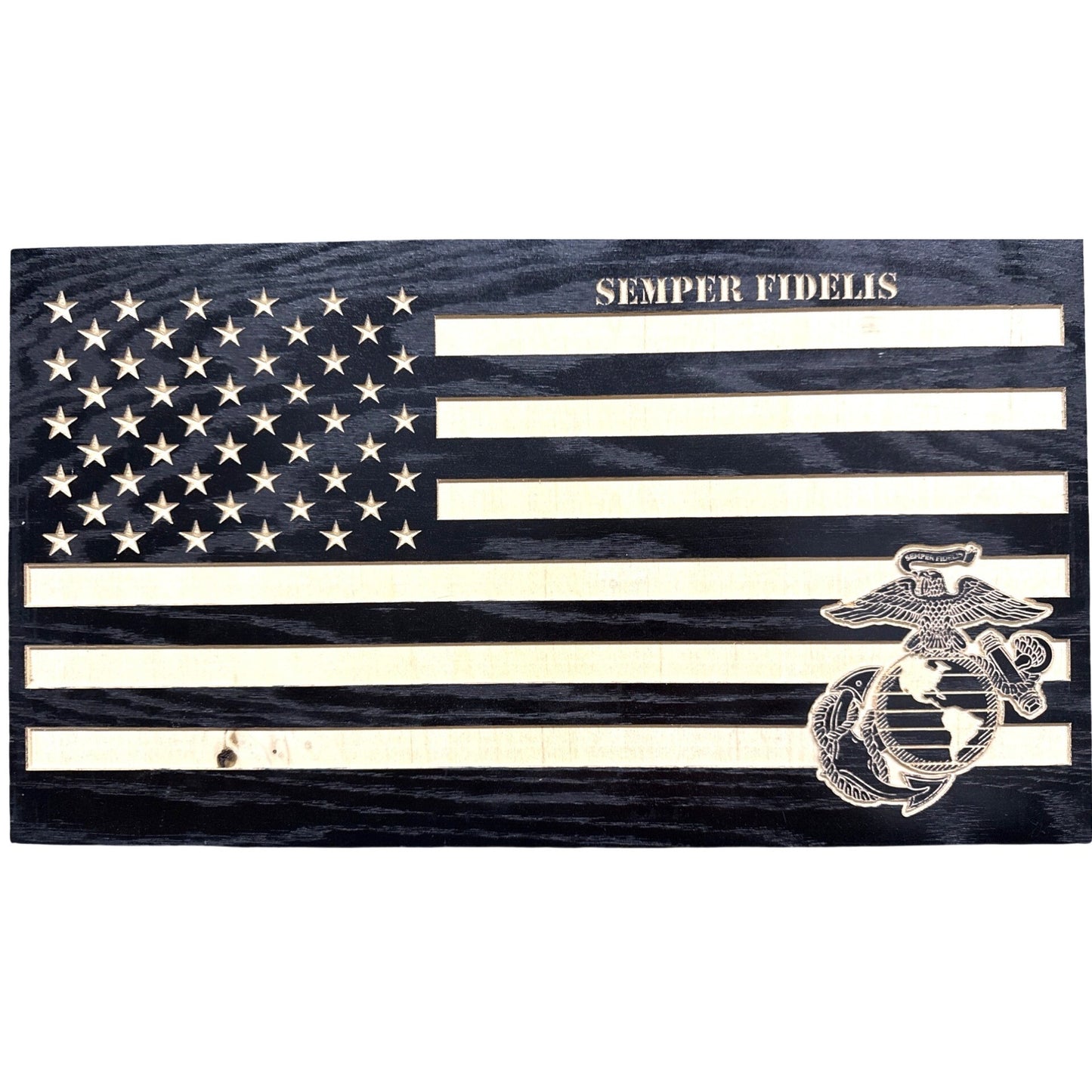 Handcrafted Wooden American Flag With Semper Fidelis Engraving & USMC Emblem